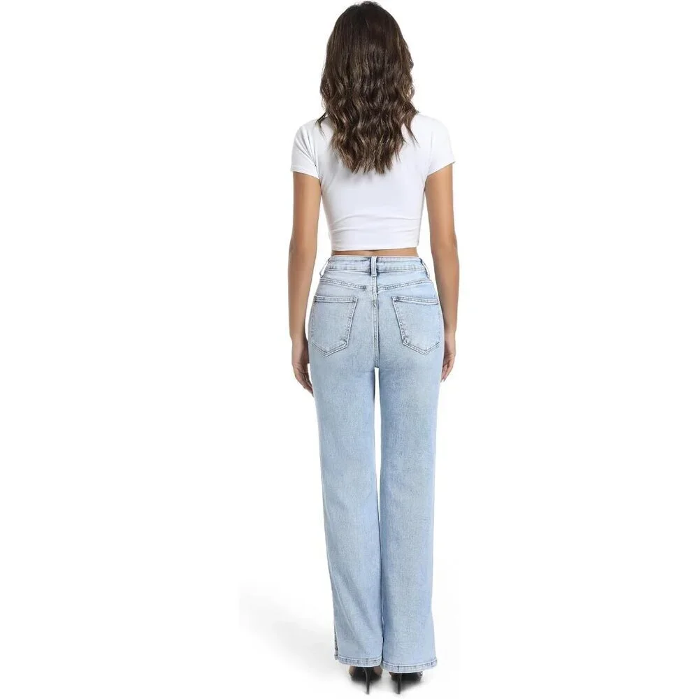 Women’s High Waisted Stretch Straight Leg Jeans Light Blue 6